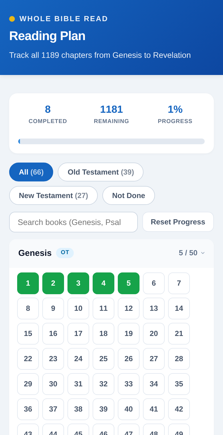 Reading Plan preview showing 153 chapters completed, 13% progress
